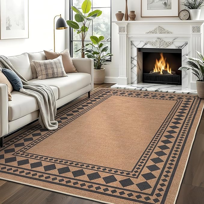 GarveeHome Easy Jute Rug 9x12 Washable Jute Rugs for Living Room, Non-Slip Outdoor Rug for Patio, Modern Indoor Solid Bordered Rugs for Dining Room Table Bedroom Patio Backyard Farmhouse, Brown