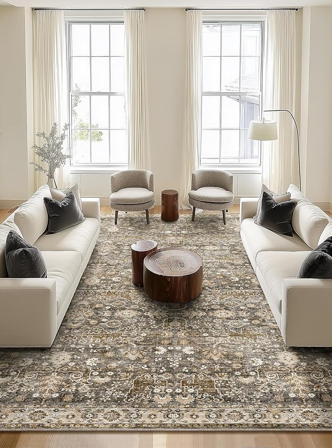 Washable Rugs for Living Room: 10x14 Area Rugs for Bedroom Ultral Soft Non-Slip Stain Resistant Vintage Boho Large Carpet for High-Traffic Dining Room - Farmhouse Decor