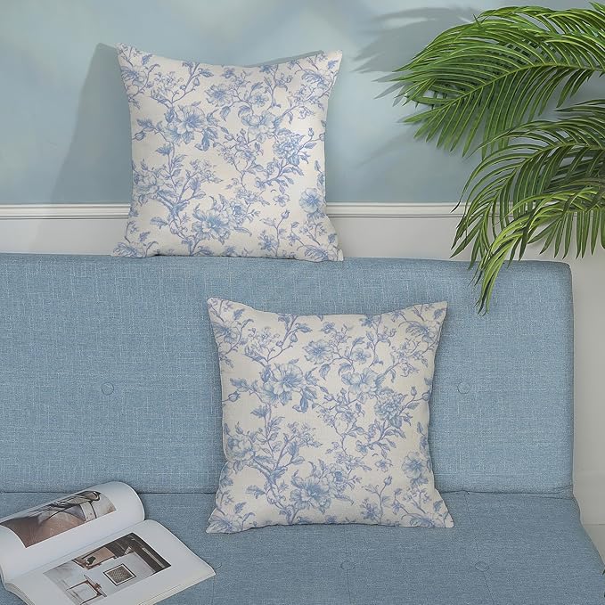 Baby Blue Pillow Covers 16x16 Set of 2 Blue and Cream Floral Chinoiserie Throw Pillows Vintage Rustic Toile Flower Decorative Pillowcase Outdoor Chinoiserie Decor Cushion Case for Couch Sofa
