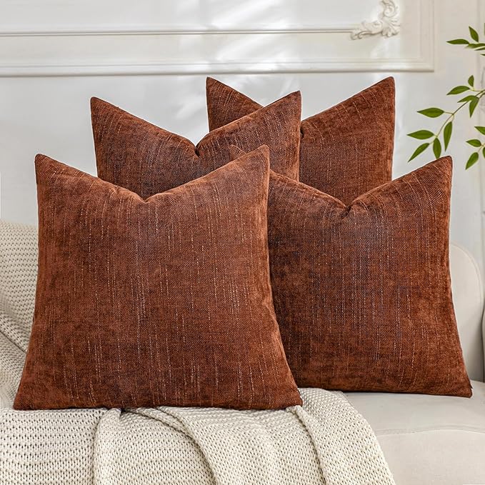 Set of 4 Soft Textured Decorative Throw Pillow Covers 18x18 Inch Cozy Farmhouse Cushion Cover Square Accent Pillow Cases for Bed Couch Sofa Living Room, Rust