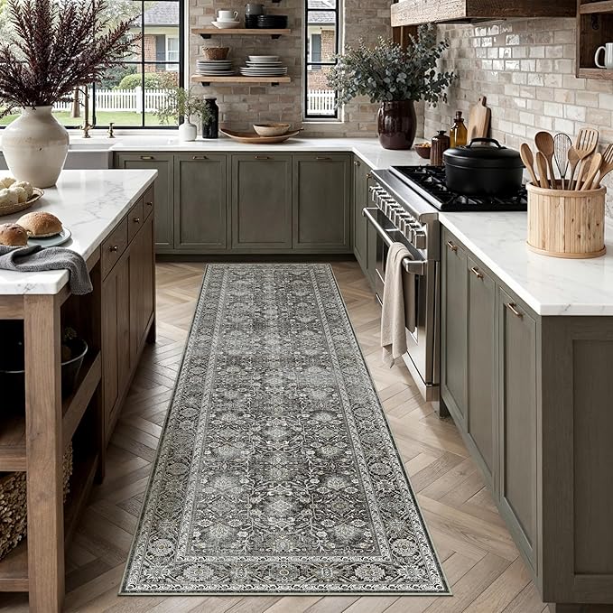 Black Runner Rug 2'6"x8' Vintage Area Carpet Hallway Long Indoor Kitchen Washable Living Room Low Pile Traditional Distressed Retro Accent Rug Non Slip Laundry Bathroom Office Dining Room