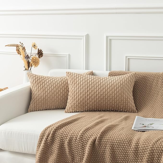 Kevin Textile 12x24 Inch Pillow Cover 1 Pack Boho Decorative Soft Striped Corduroy Lumbar Farmhouse Solid Color Accent Rectangle Cushion Case for Living Room Couch Sofa Bed, Tan