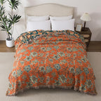 Boho Throw Blanket Twin Size, Soft Cozy Cotton Muslin Quilt Blanket for Bed Decor, Floral Patterned Couch Sofa Chair Cover, Vintage Farmhouse Cottage Tapestry Woven Blanket, Green&Orange