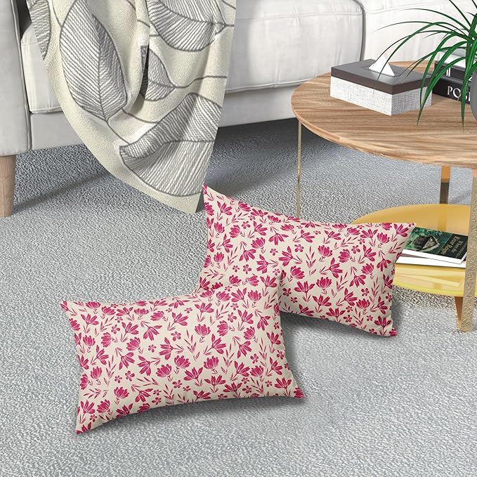 Hot Pink Floral Pillow Covers 12x20 Set of 2 Vintage Rustic Old Style Cute Small Flower Pink Cream Print Decorative Outdoor Pillowcases Farmhouse Throw Cushion Case Decor for Couch Sofa Bed