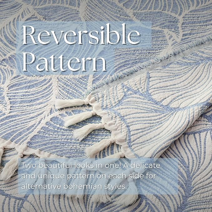 DOWN HOME Chenille Cotton Throw Blanket for Couch, Lightweight Boho Blanket for Bed Sofa Chair Living Room Outdoor Soft Woven Decorative Blanket with Tassel Gift Blue Leaves 55"x60"