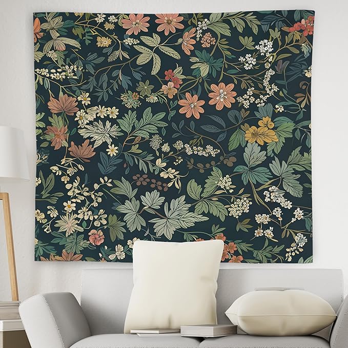 WNAGT Dark Green Floral Botanical Tapestry Wall Hanging, Cottage Core Decor, Nature Rustic Cottagecore Flower Plants Wall Blanket Decor for Home Bedroom Living Room Office, 50x60 Inch