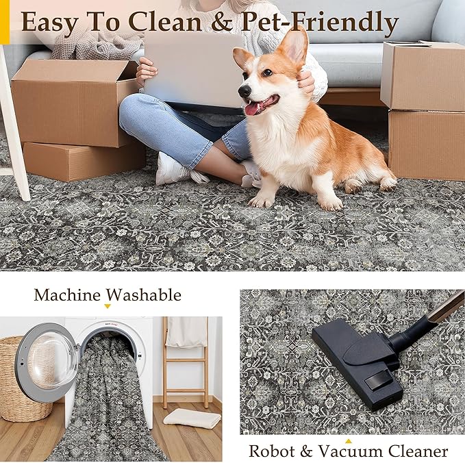 Black Runner Rug 2'6"x14' Vintage Area Carpet Hallway Long Indoor Kitchen Washable Living Room Low Pile Traditional Distressed Retro Accent Rug Non Slip Laundry Bathroom Office Dining Room