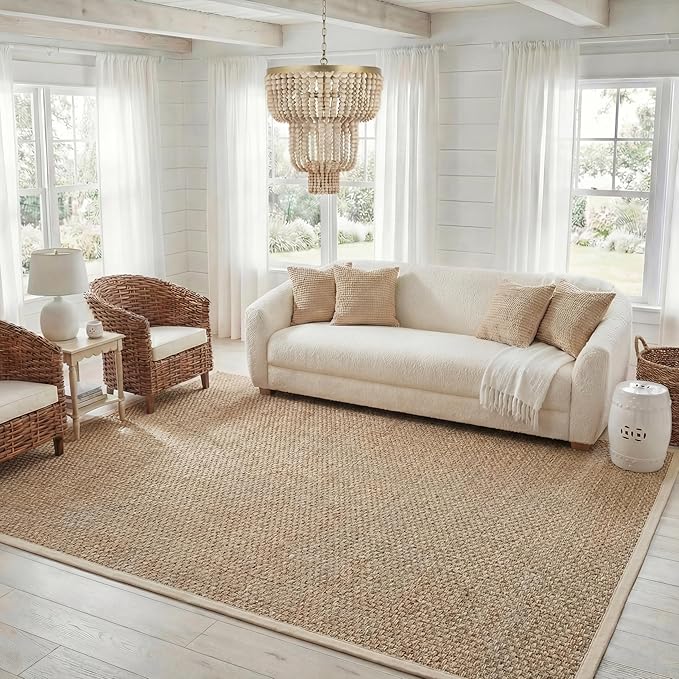 SAFAVIEH Area Rug 8x10 - Natural Fiber Collection - Large - Natural & Ivory, Seagrass, Basketweave Pattern with Border (NF114J)