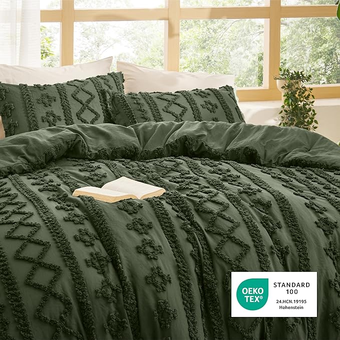 Bedsure Tufted Boho Comforter Set Twin Size - Olive Green Boho Bed Set, GentleSoft™ 2 Pieces Farmhouse Shabby Chic Embroidery Bedding, Gifts for Woman, Soft Jacquard Twin Comforter for All Seasons