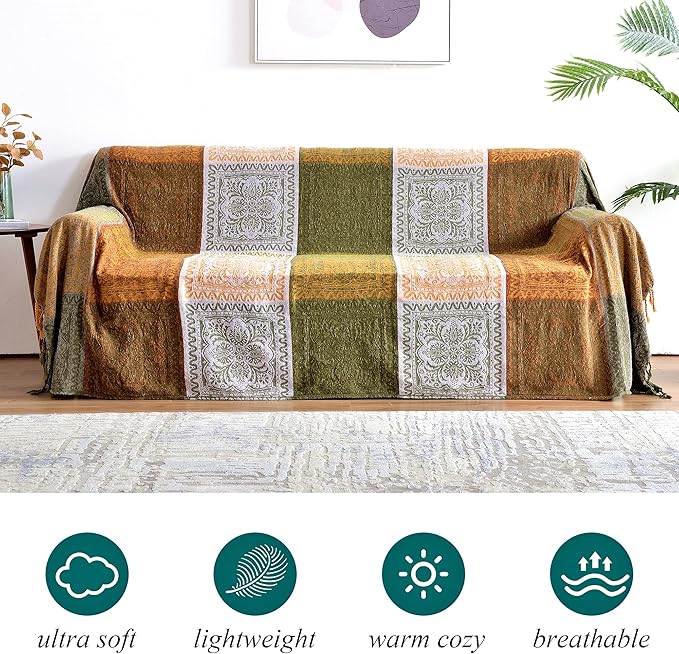 Boho Throw Blanket, Bohemian Tassels Throw Blankets for Bed Couch Soft Chair， Chenille Fringe Tassels (New Green, Large 86 * 102Inches)