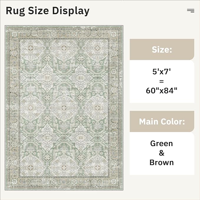 5x7 Area Rugs Green/Brown Low Pile Indoor Washable Trendy Faded Style Rugs for Bedroom Living Room Dining Room Foldable Non-Slip Thin Print Home Office Mat