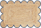 Scalloped Natural Jute Area Rug, Navy Trim, 2x3
