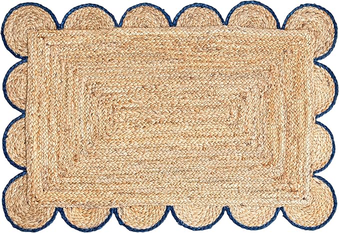 Scalloped Natural Jute Area Rug, Navy Trim, 2x3