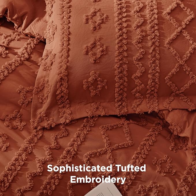 Bedsure Tufted Boho Comforter Set King Size - Terracotta Boho Bed Set, GentleSoft™ 3 Pieces Farmhouse Shabby Chic Embroidery Bedding, Gifts for Woman, Soft Jacquard King Comforter for All Seasons