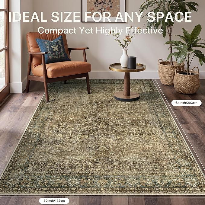Bavni Area Rugs for Living Room, 5x7 Washable Rug Non-Slip Washable，Ultra-Thin Aesthetic Boho Rug for Bedroom Dinning Room Office,Green