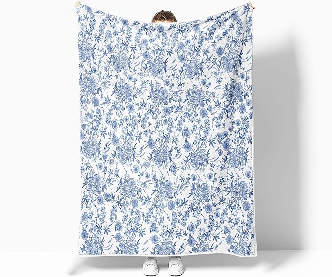 Floral Blanket Blue Floral Throw Blanket, Botanical Flowers Blankets, Soft, Flannel, Warm, Boho Flowers Bed Blankets All Season for Couch Bedroom Living Room, Blue-3 50X60 Inch