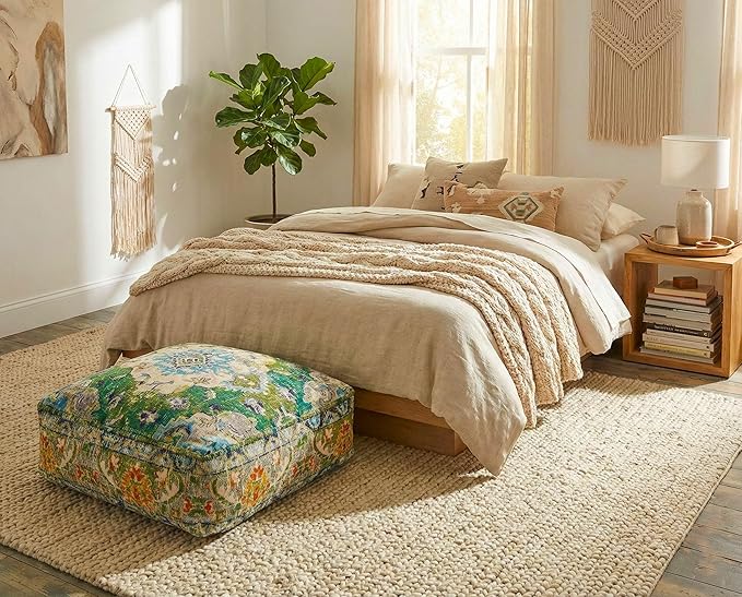 Mandala Life ART Moroccan Pouf Ottoman Cover Green Square Meditation Pillow Case Boho Room Décor Moroccan Seating Area Perfect for Living Room, Bedroom, Nursary or Children Room Cotton 24x8 Unstuffed