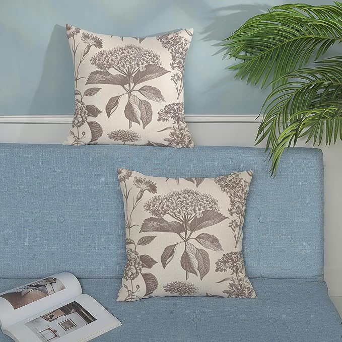 Tan Khaki Pillow Covers 18x18 Set of 2 Vintage Boho Floral Hydrangea Herbs Botanical Throw Pillow Cover Outdoor Flower Decorative Pillowcase Linen Farmhouse Cushion Case Decor for Couch Sofa