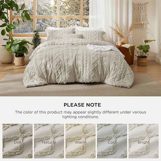 Bedsure Tufted Boho Comforter Set Oversized Queen - Linen Boho Bed Set, GentleSoft™ 3 Pieces Farmhouse Shabby Chic Embroidery Bedding, Gifts for Woman, Soft Jacquard Comforter for All Seasons
