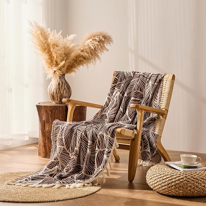 DOWN HOME Chenille Cotton Throw Blanket for Couch, Lightweight Boho Blanket for Bed Sofa Chair Living Room Outdoor Soft Woven Decorative Blanket with Tassel Gift Brown Leaves 50"x70"