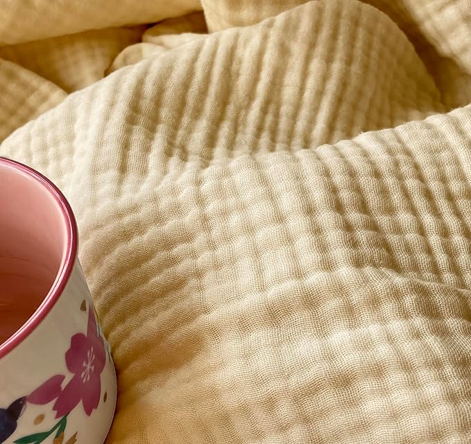 KyraHome 100% Organic Cotton Muslin Throw Blankets for Adults, Pre-Washed Plant Dyed, Women, Couch, Toddler, Lightweight Soft Gauze Blanket for Couch, All Season, Creamy