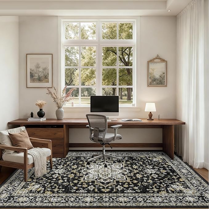 5x7 Area Rugs Living Room Rug: Washable Vintage Boho Medallion Rug No Slip Stain Resistant Soft Carpet Indoor Large Carpets for Bedroom Dining Room Farmhouse Nursery Hallway Home Office Black Gold