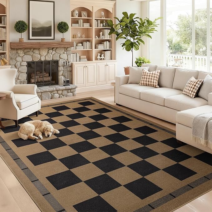 Checkered Jute Rugs, 6x9 Large Washable Outdoor Patio Rug, Living Room Bedroom Dining Room Indoor Carpet, Non Slip Modern Farmhouse Design Neutral Geometric Porch Classroom Mat, Black and Brown