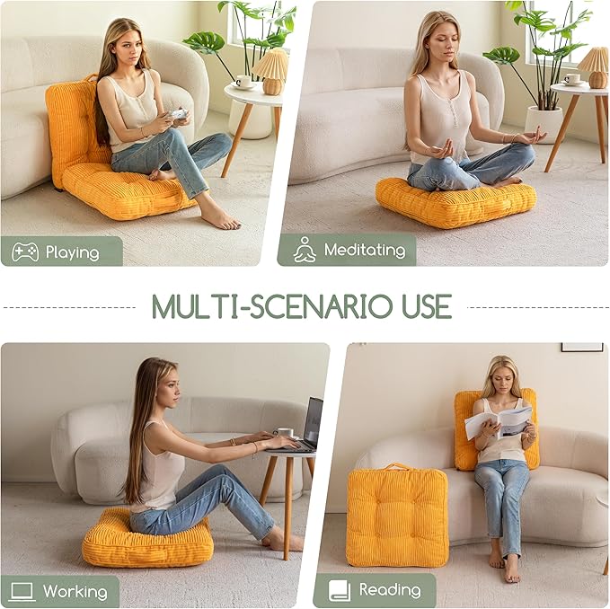 HIGOGOGO Floor Pillow Cushion for Adults, Meditation Cushion Pillow, Large Square Floor Sitting, Tufted Corduroy Cover, for Tatami Living Room or Yoga, 22x22 Inch, Orange