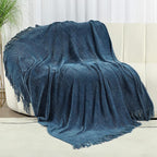 Blagic Blue Throw Blanket for Couch Soft Farmhouse Chenille Boho Throw Blanket with Tassels Home Decorative Lightweight Throw Blankets, Throws for Bed/Chair/Sofa, Stripe Textured (Dark Blue,50"x60")