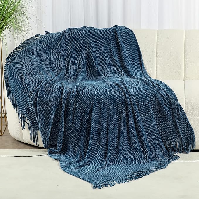 Blagic Blue Throw Blanket for Couch Soft Farmhouse Chenille Boho Throw Blanket with Tassels Home Decorative Lightweight Throw Blankets, Throws for Bed/Chair/Sofa, Stripe Textured (Dark Blue,50"x60")