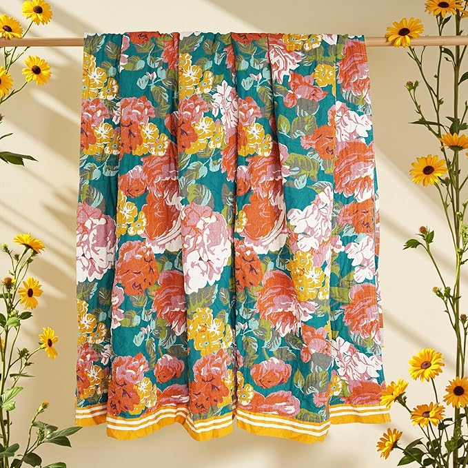 Boho Throw Blanket, 100% Organic Cotton Breathable Ultra Soft 80" x 90" Bed Quilt Throw - All Season Floral Rustic Farmhouse Decor Luxury Reversible Blanket for Sofa Couch Chair and Gift