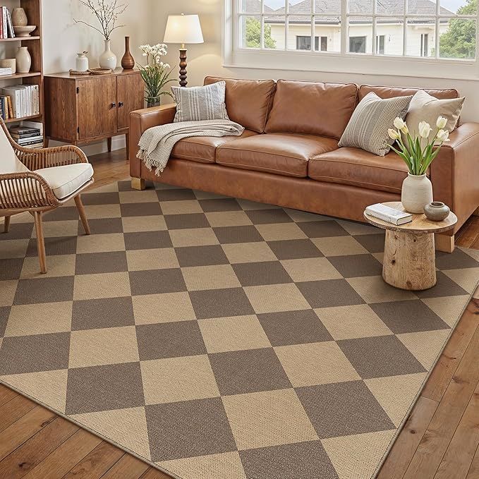 5x7 Checkered Easy Jute Area Rug for Living Room Checkerboard Washable Indoor Outdoor Carpet Farmhouse Patio Office Mat Geometric Non Slip Brown Carpet for Backyard Dining Room