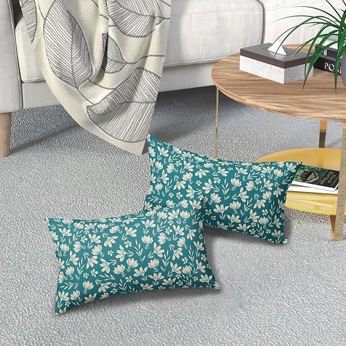 Teal Pillow Covers 12x20 Set of 2 Vintage Floral Rustic Old Style Cute Flower Print Rectangle Decorative Outdoor Pillowcases Seasonal Farmhouse Throw Cushion Case Couch Sofa Bed Decor