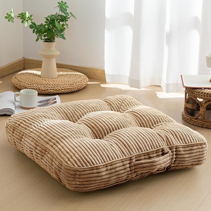 HIGOGOGO Floor Pillow Cushion for Adults, Meditation Cushion Pillow, Large Square Floor Sitting, Tufted Corduroy Cover, for Tatami Living Room or Yoga, 22x22 Inch, Coffee