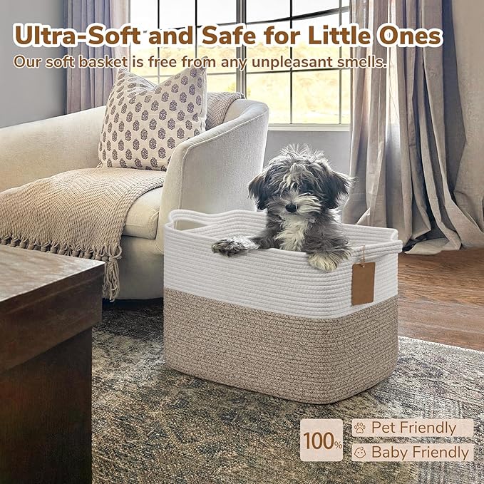 Goodpick Woven Storage Baskets for Organizing, Blanket Basket Living Room, Rope Baskets for Storage, Rectangle Toy Basket With Handles, Brown and White, 18 x 14 x 12 Inches