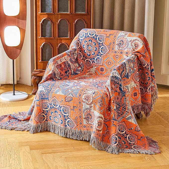Boho Throw Blanket for Bed Couch 80" x 90", 100% Organic Cotton Skin-Friendly Ultra Soft Quilt Throw - Floral Rustic Living Room Decor Luxury Reversible Blanket for Sofa Chair and Gift