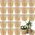 24 Pcs Seagrass Plant Basket with Plastic Liners Woven Stylish Planter Baskets Bulk Indoor Outdoor Plants Woven Wicker Baskets for Flower Pots Cover and Room Decor Small (Small,Rustic)