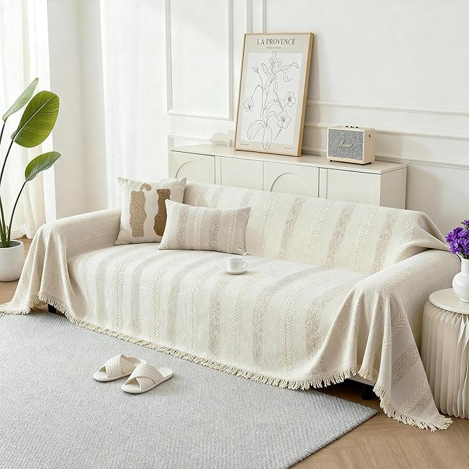 Couch Cover for Dogs, Boho Sofa Covers for 3 Cushion Couch, Chenille Sofa Slipcover for Pets Washable, L-Shape Sectional Loveseat Cover Soft Throw Blankets with Tassels(91x118,Striped Beige)