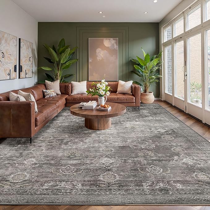 8x10 Area Rugs for Living Room, Large Washable Rug, Grey Vintage Retro Boho, Non Slip & Low Pile Faux Wool Carpet for Indoor Dining Room and Bedroom
