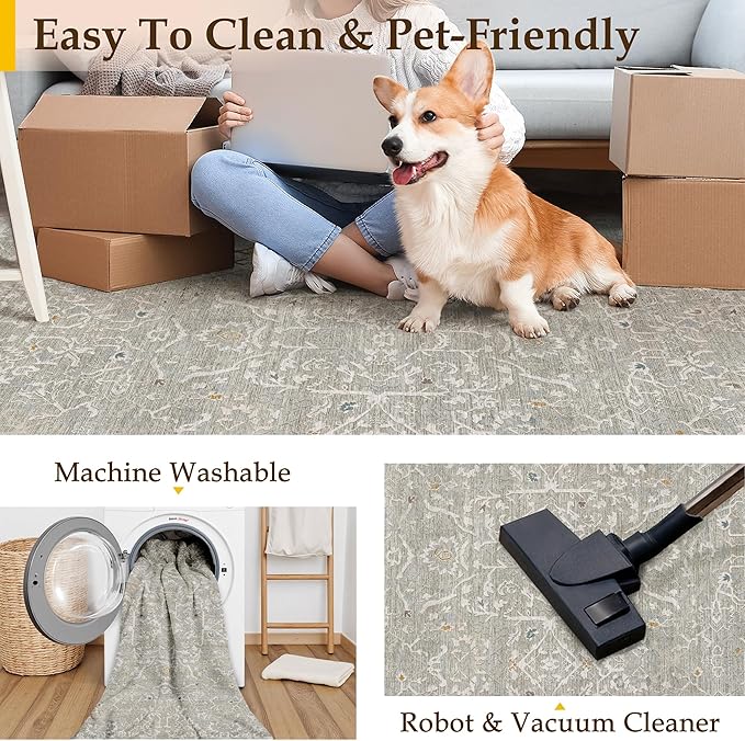 HUGEAR 2x3 Entryway Area Rug Retro Grey Small Rug Machine Washable Door Mat Vintage Floral Low Pile Carpet Vacuumable Distressed Throw Rug Entrance Kitchen Bathroom Bedroom Non Slip Lightweight