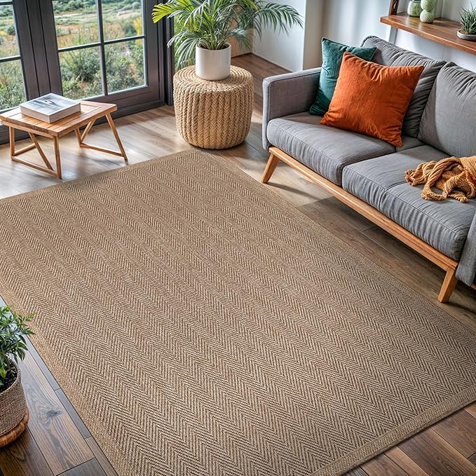 CAMILSON Easy Jute Rug 4x6, Indoor Outdoor Natural Color Fiber Area Rugs for Living Room Patio and Kitchen Rug Herringbone Seagrass Woven Design Easy-Cleaning Washable Outside Carpet Alfombras 4 x 6