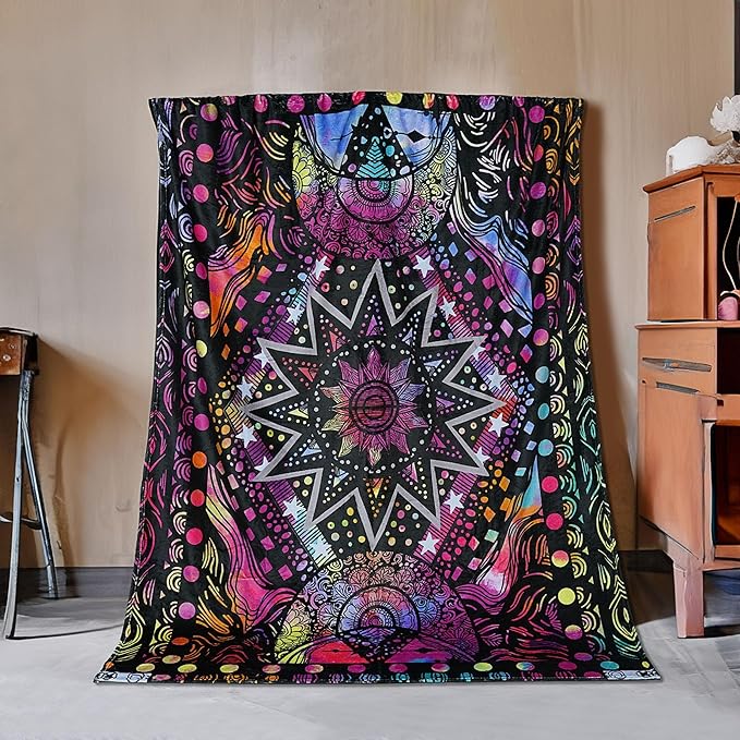 kampdream Colorful Ceometric Art Throw Blanket, Hippie Abstract Sun and Moon Purple Aesthetic Comforter Nap Throws for Couch Chair Bed Decor Comforter 50×60 inch