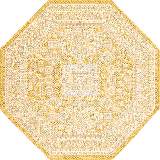 Rugs.com Outdoor Aztec Collection Rug – 5 Ft Octagon Yellow Flatweave Rug Perfect for Living Rooms, Kitchens, Entryways