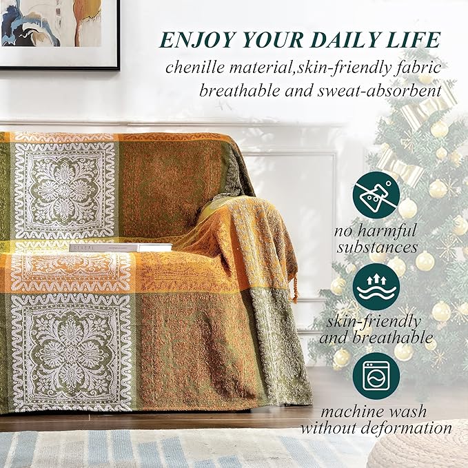 Boho Couch Cover - Hippie Chenille Jacquard Bohemian Chair Couch Sofa and Bed Furniture Cover with Colorful Tribal Pattern (Green, 87" x 102")