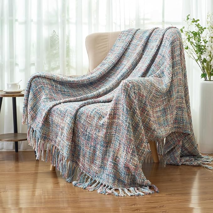 Multi-Color Pink Blue Cable Woven Throw Blanket for Couch,50"X60" Boho Style Textured Blankets for Home Decor,Super Soft Warm Cozy Chunky Blanket with Decorative Tassels for Bed