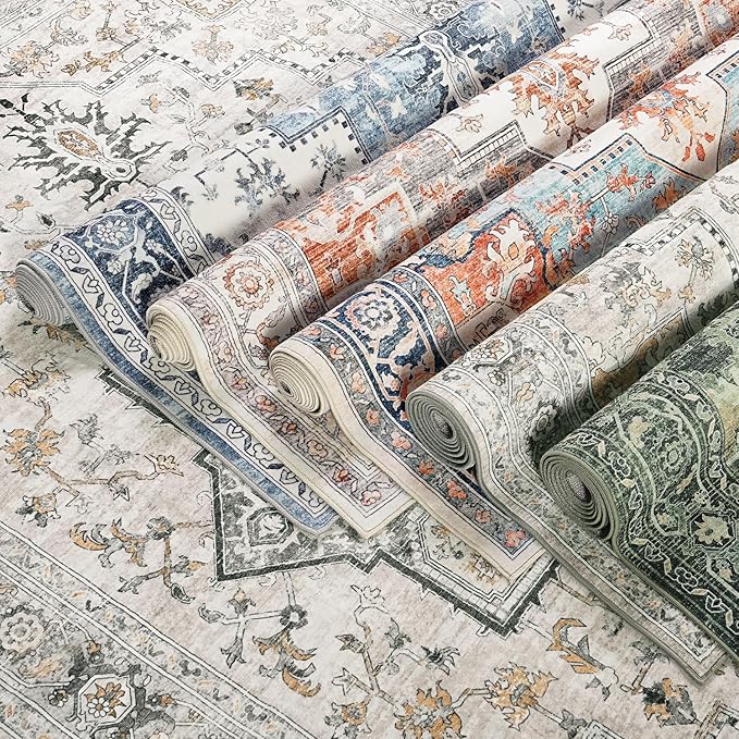 Lessymo 3x5 Washable Area Rugs for Living Room Bedroom Ktichen, Soft Boho Indoor Rug Non Slip, Vintage Carpet Low Pile for Dorm Office Dining Room Kids Room Hallway Entryway Bedside, Orange/Blue