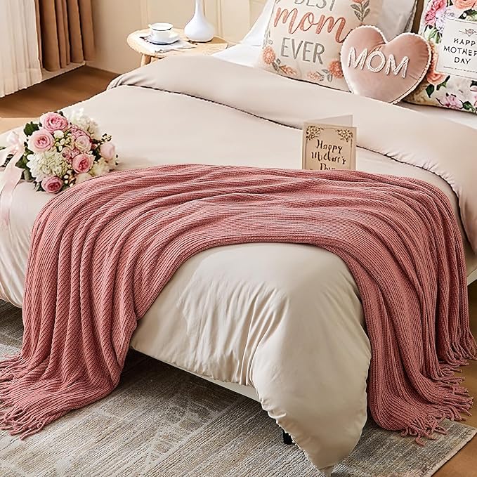 inhand Coral Pink Chunky Chenille Throw Blanket for Couch Bed, Mothers Day/Mom Birthday Gifts for Mom from Daughter Son,Soft Boho Knitted Blanket,Cozy Decor for Living Room,50"x60",Medium Thick