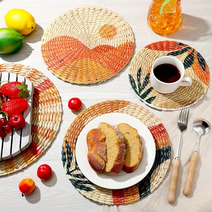 Xuhal 11 Pcs Boho Hanging Wall Basket Decor Handmade Woven Basket Wall Decorative Boho Wicker Baskets Placemats Round Farmhouse Bulrush Art for Rustic Home Decorations Christmas Gift(6 Pcs,Bright)