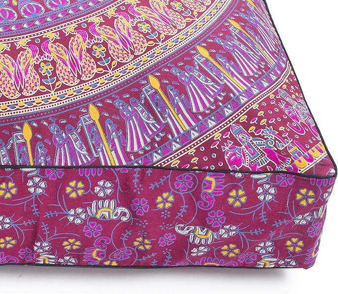 Popular Handicrafts Floor Pillow Cushion Cover - Hippie Mandala Square Ottoman Indian Elephant Camel Daybed Oversized Cotton Cushion Cover with Heavy Duty Zipper - Dog-Pets Bed, 35" Maroon Pink