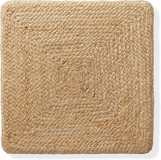 Casafield Hand-Braided Jute Pouf Ottoman Footrest, 18" W x 18" D x 18" H - Square, Natural Woven Boho Floor Cushion, Home Decor for Living Room